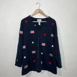 Quacker Factory American Flag Heart Stars Navy Blue Cardigan Size 1X